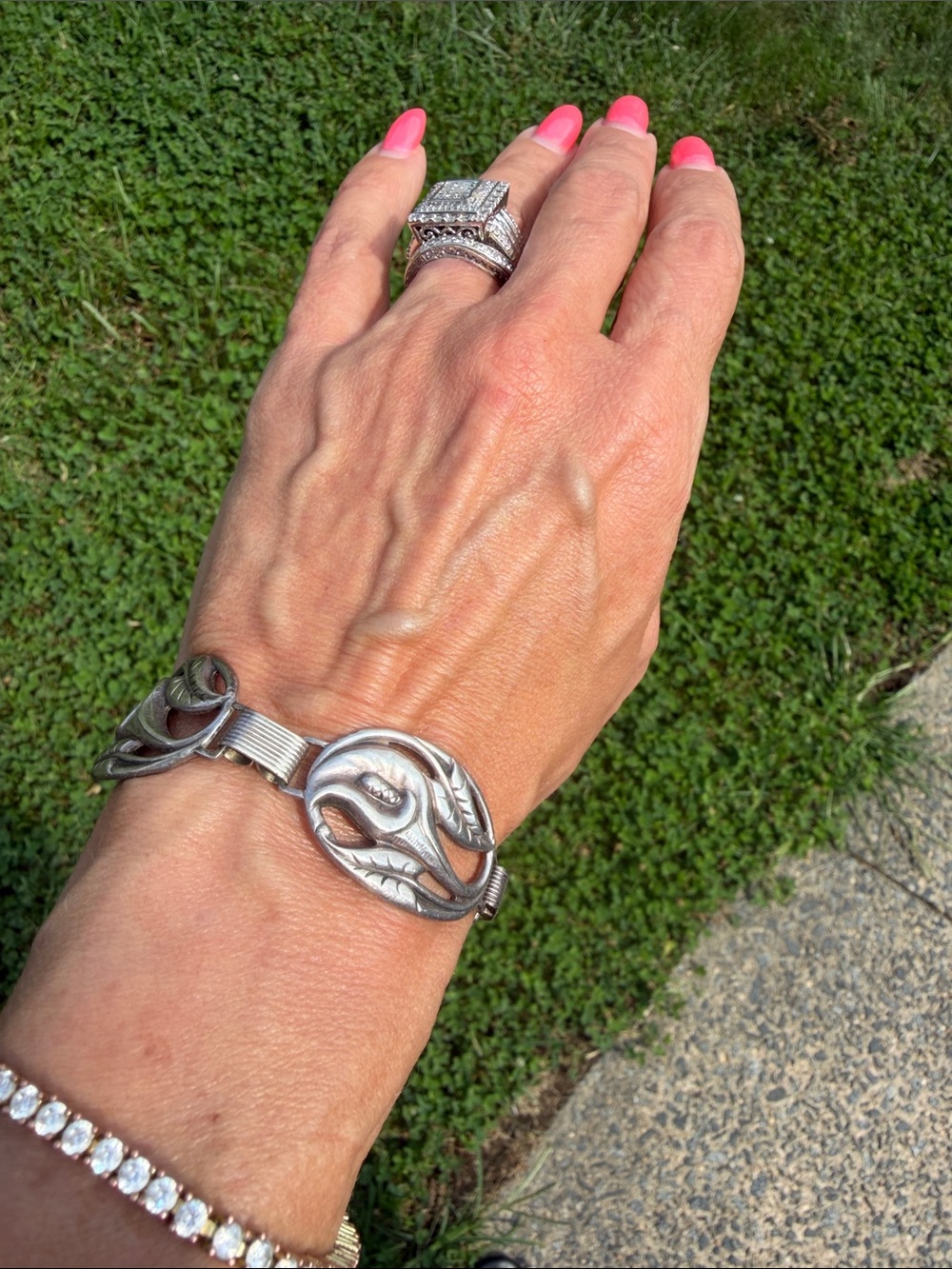 Sterling Silver Floral Link Bracelet - Silver